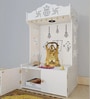 White Wooden Floor Pooja Mandir with Kalash & Swastik Design Laser-Cut Bell Shankh & Chakra Motifs & Storage Cabinet