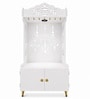 White Wooden Floor Pooja Mandir with Kalash & Swastik Design Laser-Cut Bell Shankh & Chakra Motifs & Storage Cabinet
