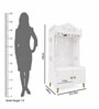White Wooden Floor Pooja Mandir with Kalash & Swastik Design Laser-Cut Bell Shankh & Chakra Motifs & Storage Cabinet