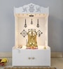 White Wooden Floor Pooja Mandir with Kalash & Swastik Design Laser-Cut Bell Shankh & Chakra Motifs & Storage Cabinet