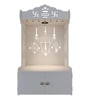 White Wooden Floor Pooja Mandir with Kalash & Swastik Design Laser-Cut Bell Shankh & Chakra Motifs & Storage Cabinet