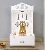 White Wooden Floor Pooja Mandir with Kalash & Swastik Design Laser-Cut Bell Shankh & Chakra Motifs & Storage Cabinet
