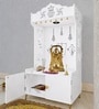 White Wooden Floor Pooja Mandir with Kalash & Swastik Design Laser-Cut Bell Shankh & Chakra Motifs & Storage Cabinet