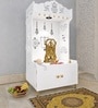 White Wooden Floor Pooja Mandir with Kalash & Swastik Design Laser-Cut Bell Shankh & Chakra Motifs & Storage Cabinet