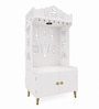 White Wooden Floor Pooja Mandir with Kalash & Swastik Design Laser-Cut Bell Shankh & Chakra Motifs & Storage Cabinet