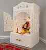 White Wooden Floor Pooja Mandir with Laser-Cut Lotus & Bell Doors Shubh Labh Design Hanging Diya Motifs & Storage Cabinet