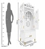 White Wooden Floor Pooja Mandir with Laser-Cut Lotus & Bell Doors Shubh Labh Design Hanging Diya Motifs & Storage Cabinet