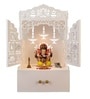 White Wooden Floor Pooja Mandir with Laser-Cut Lotus & Bell Doors Shubh Labh Design Hanging Diya Motifs & Storage Cabinet