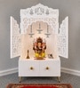White Wooden Floor Pooja Mandir with Laser-Cut Lotus & Bell Doors Shubh Labh Design Hanging Diya Motifs & Storage Cabinet
