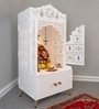 White Wooden Floor Pooja Mandir with Laser-Cut Lotus & Bell Doors Shubh Labh Design Hanging Diya Motifs & Storage Cabinet