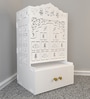 White Wooden Floor Pooja Mandir with Laser-Cut Lotus Om Design, Shubh Labh Motif, Bell Pattern Doors With Cabinet