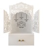 White Wooden Floor Pooja Mandir with Laser-Cut Lotus Om Design, Shubh Labh Motif, Bell Pattern Doors With Cabinet