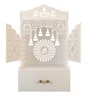 White Wooden Floor Pooja Mandir with Laser-Cut Om & Shubh Labh Motif Doors with Storage Cabinet