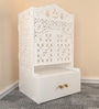 White Wooden Floor Pooja Mandir with Laser-Cut Om & Shubh Labh Motif Doors with Storage Cabinet