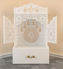 White Wooden Floor Pooja Mandir with Laser-Cut Om & Shubh Labh Motif Doors with Storage Cabinet