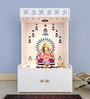 White Wooden Floor Pooja Mandir with Om & Swastik Design Ganesh Laser-Cut Back Panel Bell Motifs & Storage Cabinet