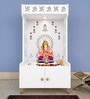 White Wooden Floor Pooja Mandir with Om & Swastik Design Ganesh Laser-Cut Back Panel Bell Motifs & Storage Cabinet
