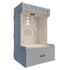 White Wooden Floor Pooja Mandir with Om & Swastik Design Ganesh Laser-Cut Back Panel Bell Motifs & Storage Cabinet