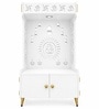 White Wooden Floor Pooja Mandir with Om & Swastik Design Ganesh Laser-Cut Back Panel Bell Motifs & Storage Cabinet