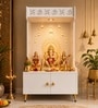 White Wooden Floor Pooja Mandir with Om & Swastik Design Ganesh Laser-Cut Back Panel Bell Motifs & Storage Cabinet
