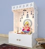 White Wooden Floor Pooja Mandir with Om & Swastik Design Ganesh Laser-Cut Back Panel Bell Motifs & Storage Cabinet