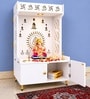 White Wooden Floor Pooja Mandir with Om & Swastik Design Ganesh Laser-Cut Back Panel Bell Motifs & Storage Cabinet