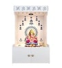 White Wooden Floor Pooja Mandir with Om & Swastik Design Ganesh Laser-Cut Back Panel Bell Motifs & Storage Cabinet