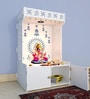 White Wooden Floor Pooja Mandir with Om & Swastik Design Ganesh Laser-Cut Back Panel Bell Motifs & Storage Cabinet