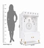 White Wooden Floor Pooja Mandir with Om & Swastik Design Ganesh Laser-Cut Back Panel Bell Motifs & Storage Cabinet