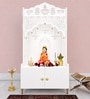 White Wooden Floor Pooja Mandir with Shubh Labh Design Floral & Peacock Feather Motifs Laser Cut Panels & Storage Cabinet