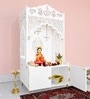 White Wooden Floor Pooja Mandir with Shubh Labh Design Floral & Peacock Feather Motifs Laser Cut Panels & Storage Cabinet