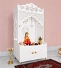 White Wooden Floor Pooja Mandir with Shubh Labh Design Floral & Peacock Feather Motifs Laser Cut Panels & Storage Cabinet