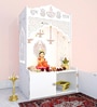 White Wooden Floor Pooja Mandir with Shubh Labh Design Floral & Peacock Feather Motifs Laser Cut Panels & Storage Cabinet