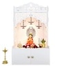 White Wooden Floor Pooja Mandir with Shubh Labh Design Floral & Peacock Feather Motifs Laser Cut Panels & Storage Cabinet