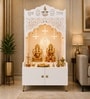 White Wooden Floor Pooja Mandir with Shubh Labh Design Floral & Peacock Feather Motifs Laser Cut Panels & Storage Cabinet