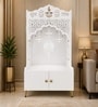 White Wooden Floor Pooja Mandir with Shubh Labh Design Floral & Peacock Feather Motifs Laser Cut Panels & Storage Cabinet