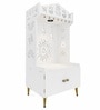White Wooden Floor Pooja Mandir with Trishul & Kalash Design Laser-Cut Bell & Lotus Motifs & Storage Cabinet
