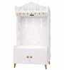 White Wooden Floor Pooja Mandir with Trishul & Kalash Design Laser-Cut Bell & Lotus Motifs & Storage Cabinet