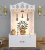 White Wooden Floor Pooja Mandir with Trishul & Kalash Design Laser-Cut Bell & Lotus Motifs & Storage Cabinet
