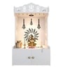 White Wooden Floor Pooja Mandir with Trishul & Kalash Design Laser-Cut Bell & Lotus Motifs & Storage Cabinet