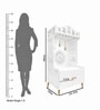 White Wooden Floor Pooja Mandir with Trishul & Kalash Design Laser-Cut Bell & Lotus Motifs & Storage Cabinet