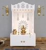 White Wooden Floor Pooja Mandir with Trishul & Kalash Design Laser-Cut Bell & Lotus Motifs & Storage Cabinet