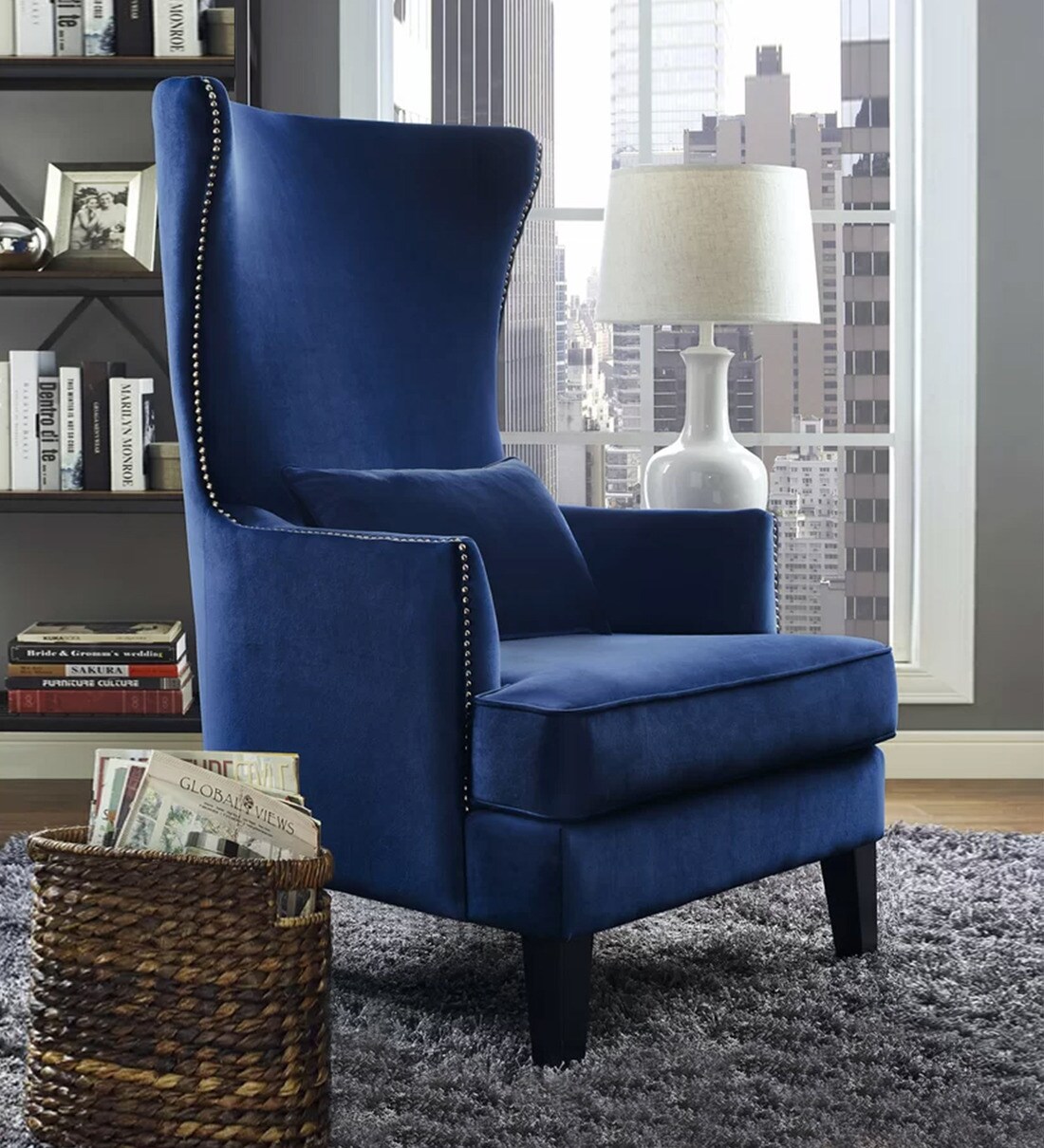 Buy Perth Wing Chair in Blue Colour by Furncasa Online Solid Color Wing Chairs Wing Chairs