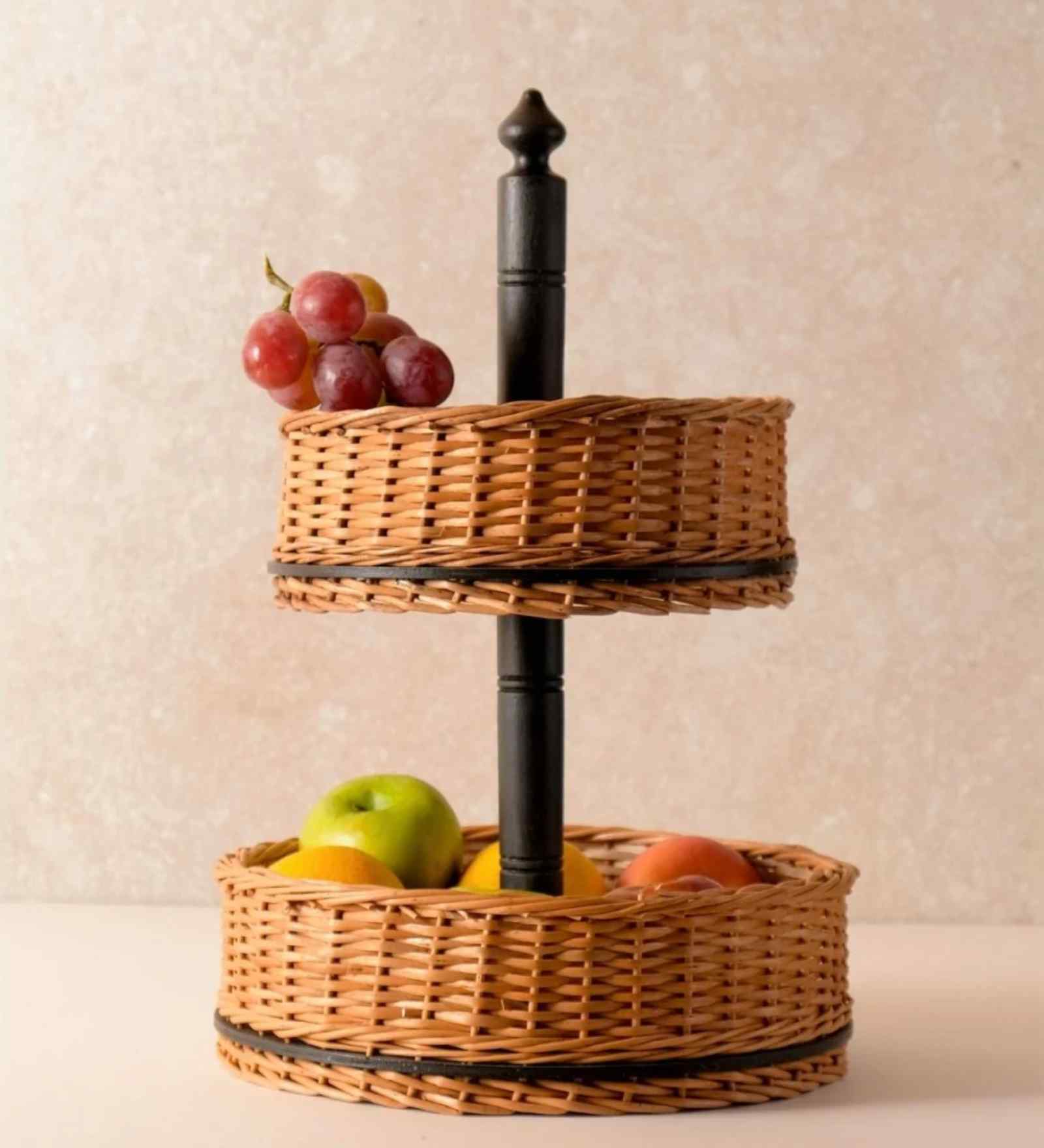 2 Tiers Rustic Charm Handcrafted Wicker & Wood Fruit Basket