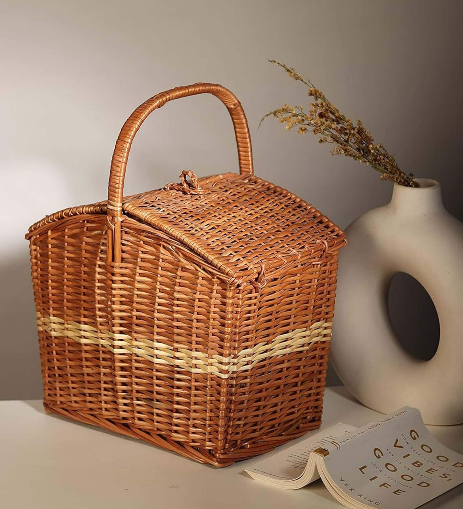 Wicker Basket for Lunch | Wicker Picnic Basket With Top Handle | Wicker Morden Picnic Basket, Brown Rectangular Basket (M)
