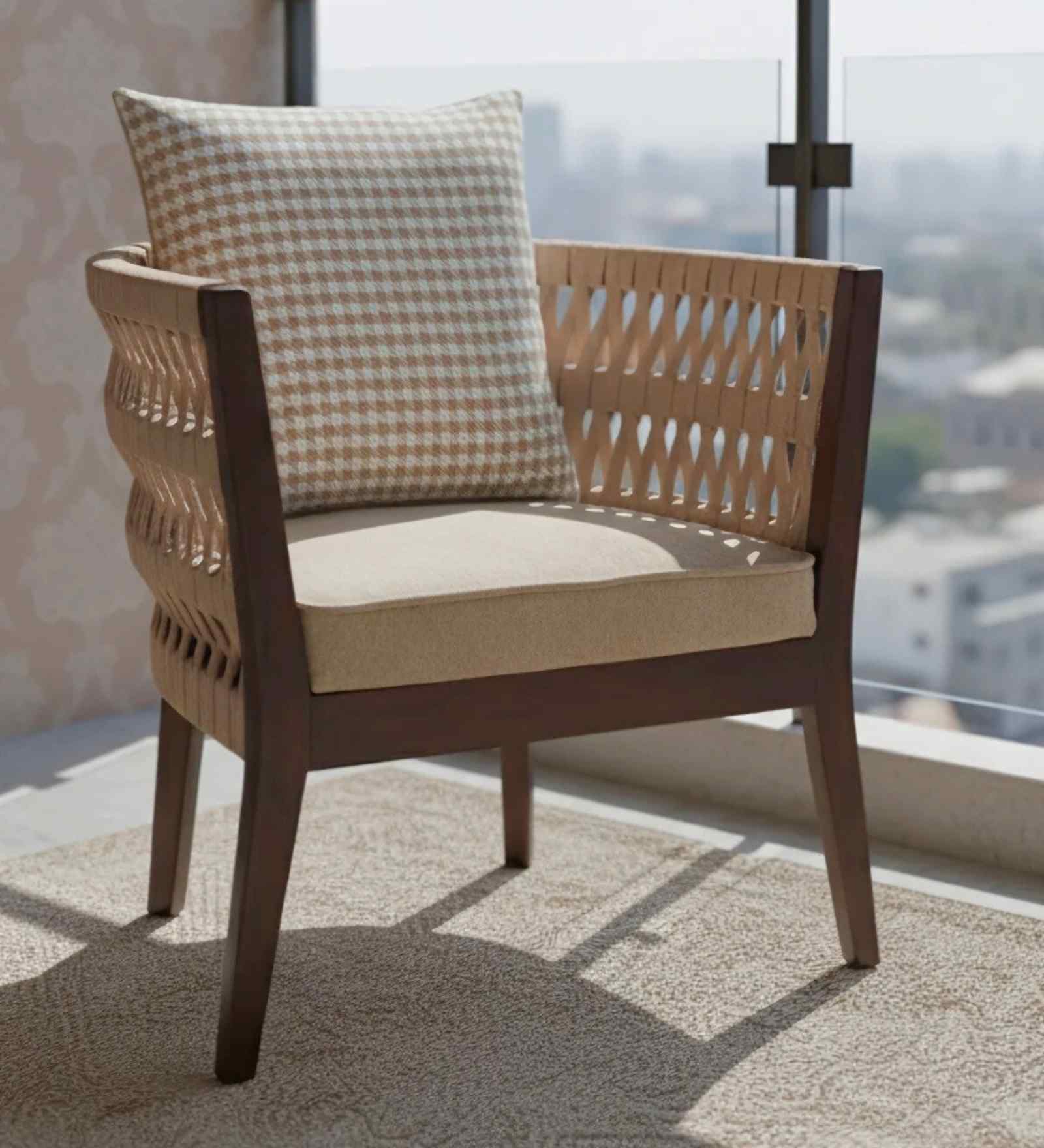 Wicker Teak Wood Bedroom Chair In Brown Finish