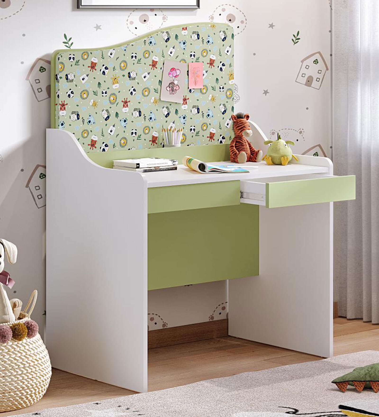 Wiggle Study Table In Forsty White & Mellow Green Finish