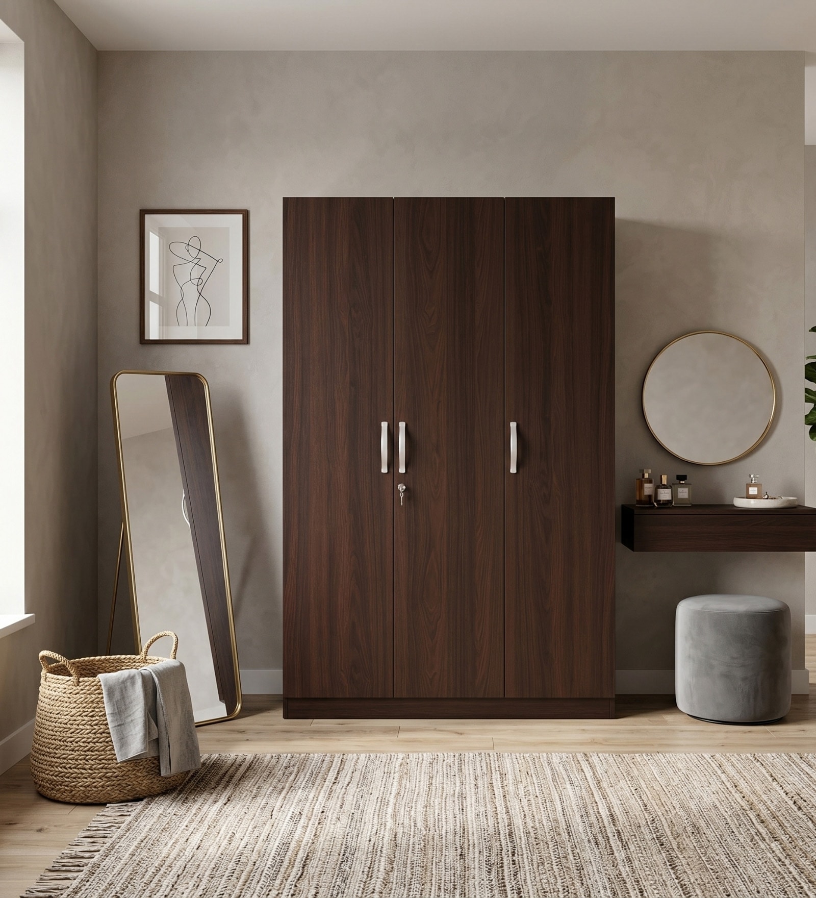 Willy Plus 3 Door Wardrobe In Walnut Finish