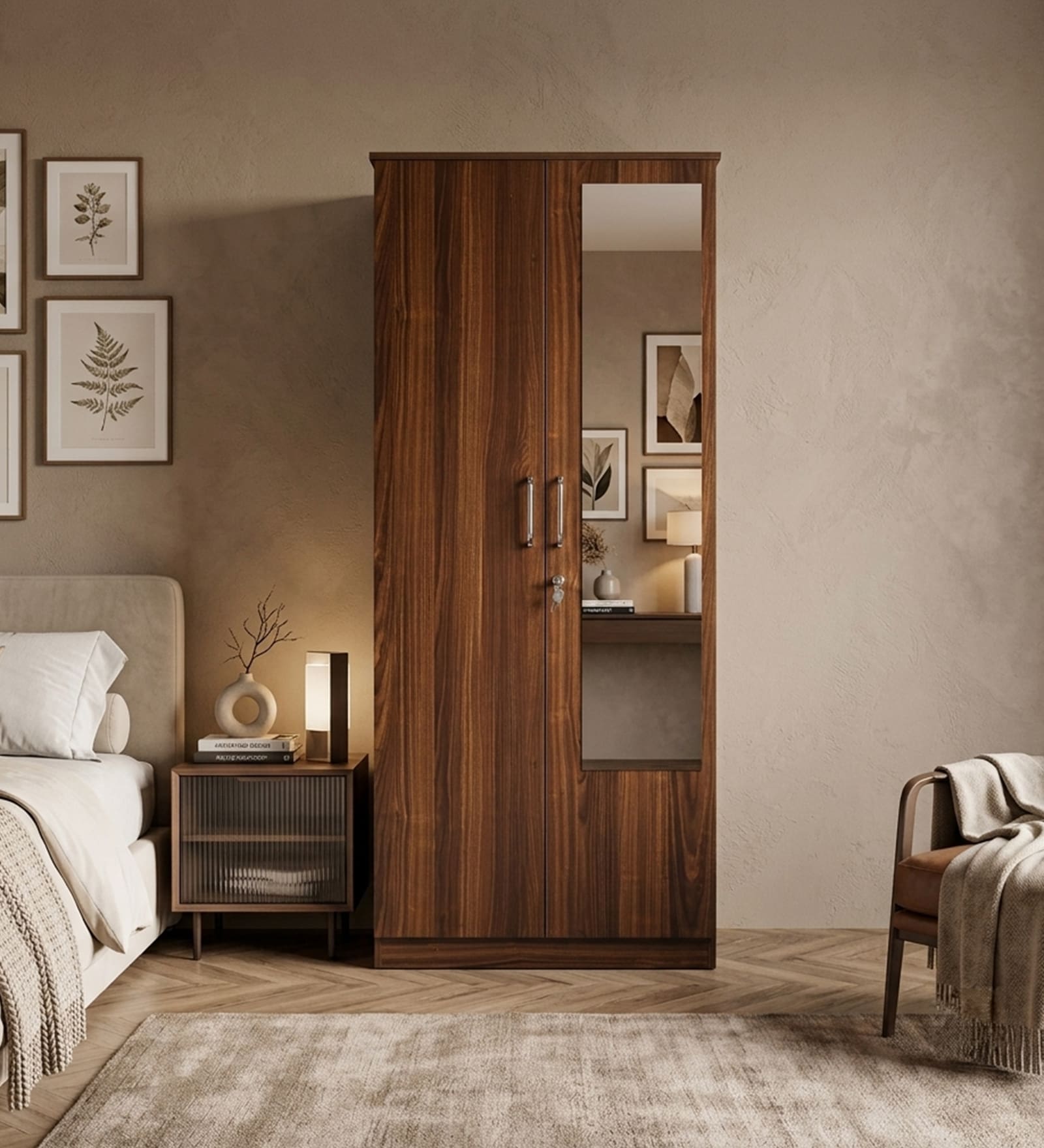 Wilson 2 Door Wardrobe With Mirror in Walnut Finish