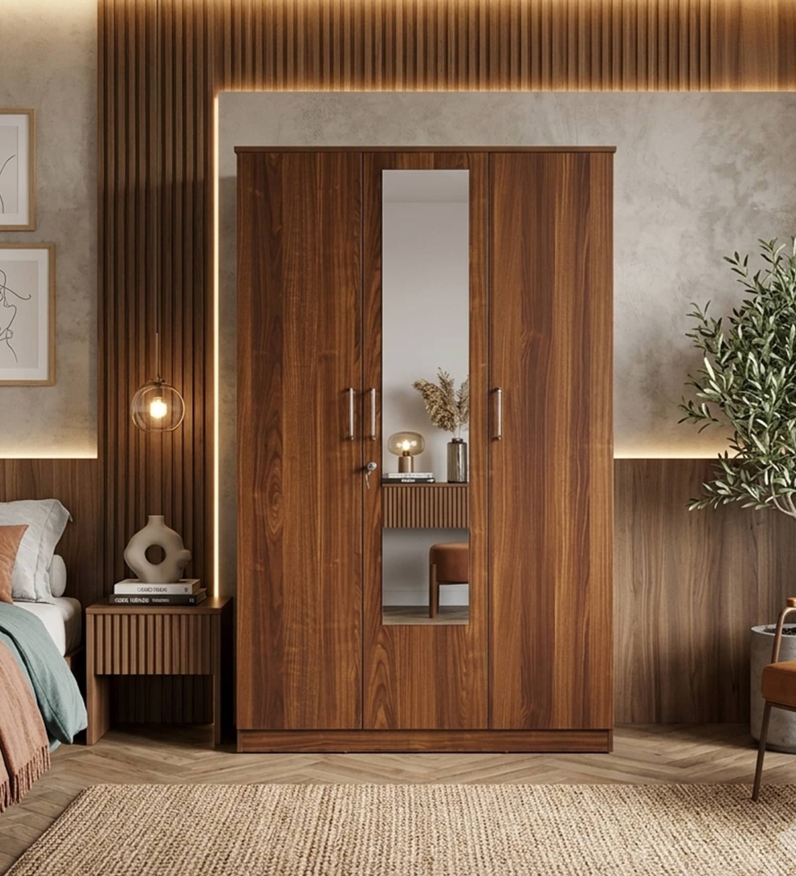 Wilson 3 Door Wardrobe With Mirror in Walnut Finish